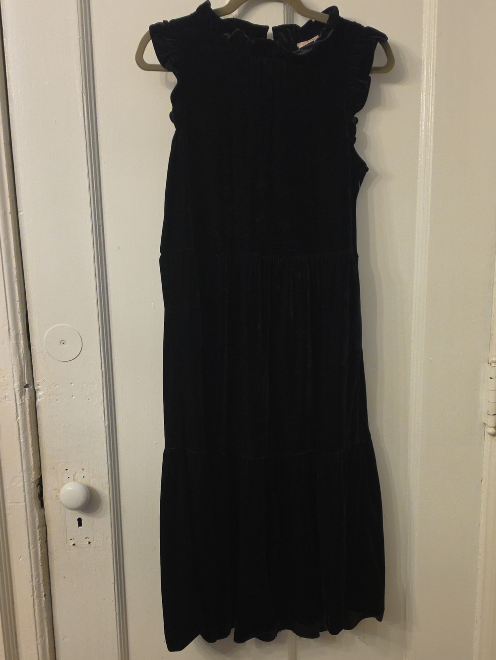 J Crew Tiered Ruffle Flutter-Sleeve Velvet Black Midi Dress